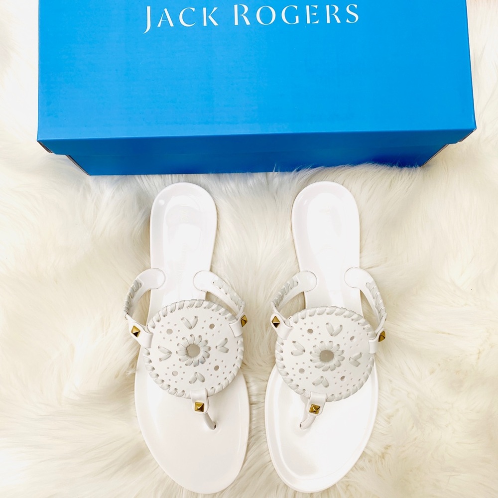 Jack Rogers White Leather Thong Sandal with Gold Studs - Picture 9 of 10